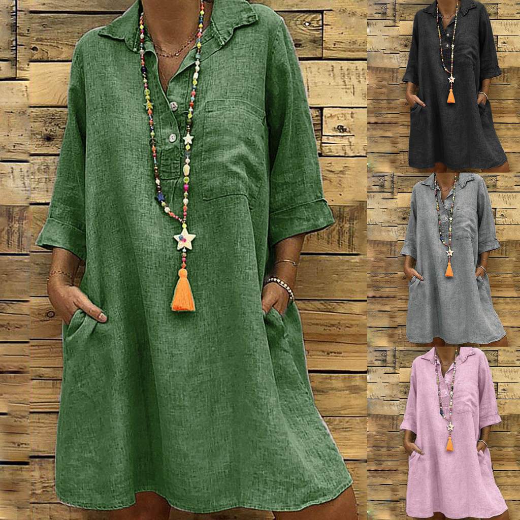 (S-5XL) Shirt dress with 3/4 sleeves and collar