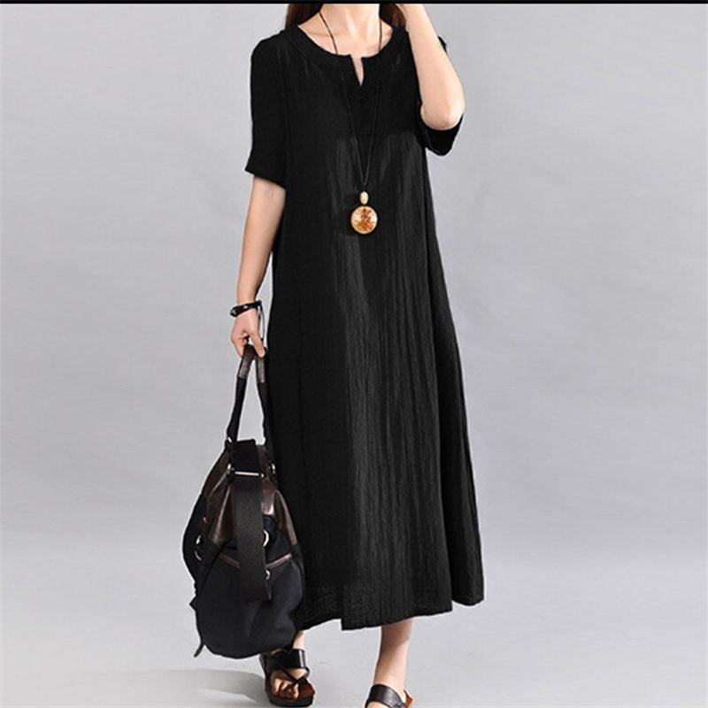 (S-5XL) Loose cotton linen dress in a solid colour