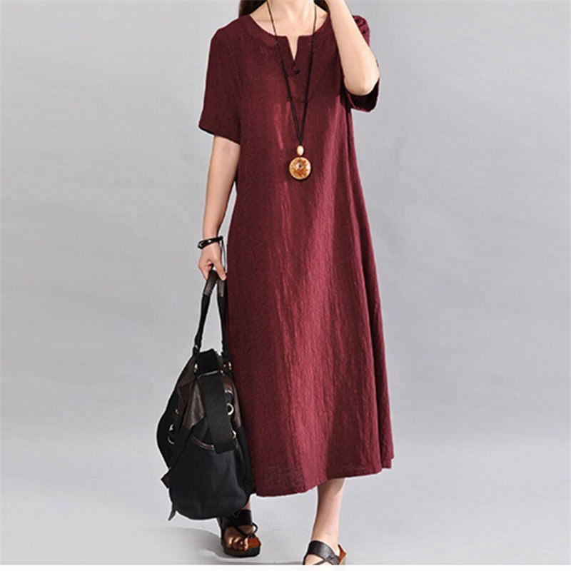 (S-5XL) Loose cotton linen dress in a solid colour