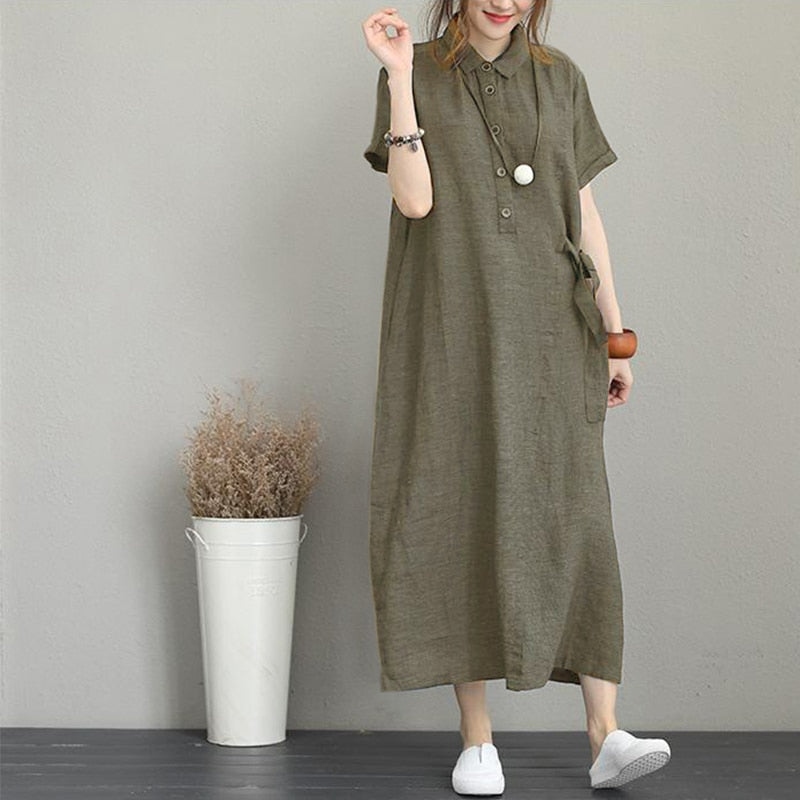 (S-5XL) Everyday dress made of pure cotton and linen with lapels