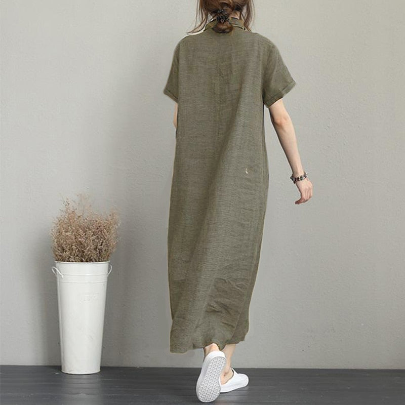 (S-5XL) Everyday dress made of pure cotton and linen with lapels