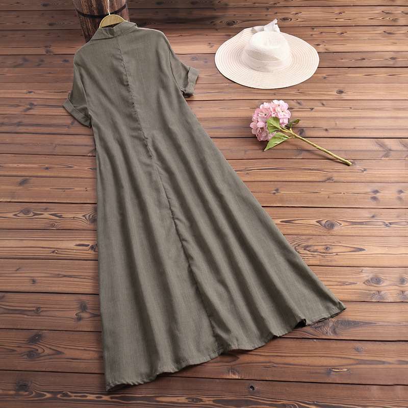 (S-5XL) Everyday dress made of pure cotton and linen with lapels