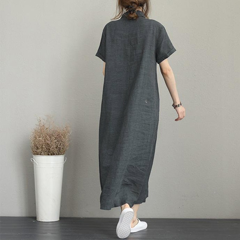 (S-5XL) Everyday dress made of pure cotton and linen with lapels