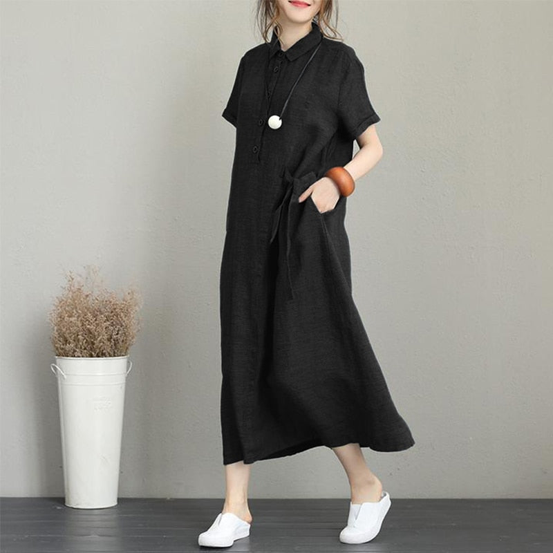 (S-5XL) Everyday dress made of pure cotton and linen with lapels