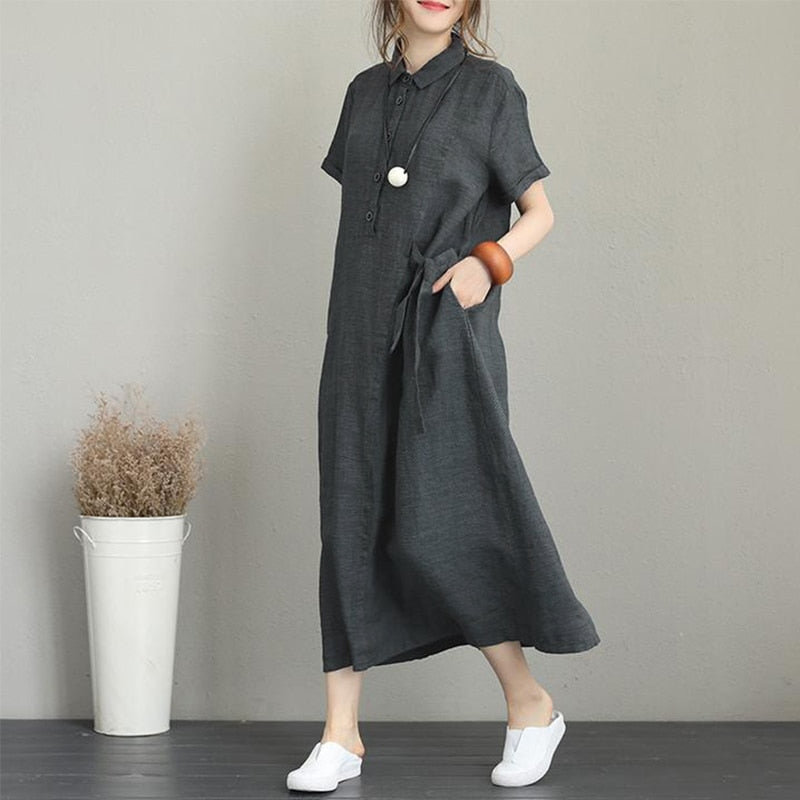 (S-5XL) Everyday dress made of pure cotton and linen with lapels