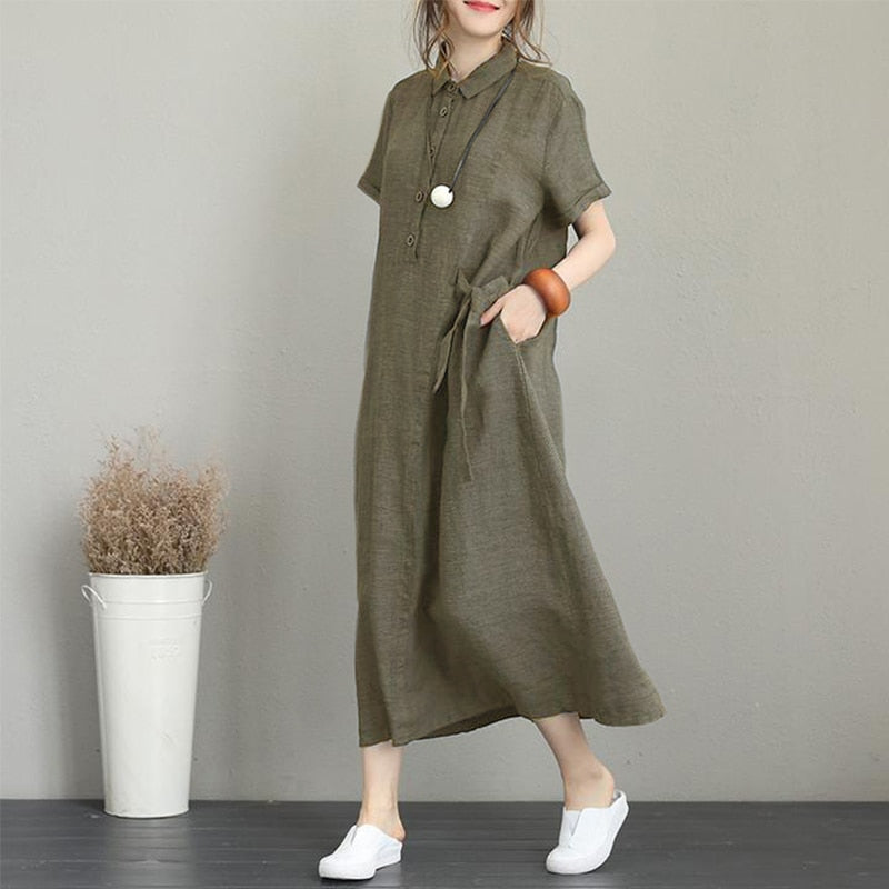 (S-5XL) Everyday dress made of pure cotton and linen with lapels