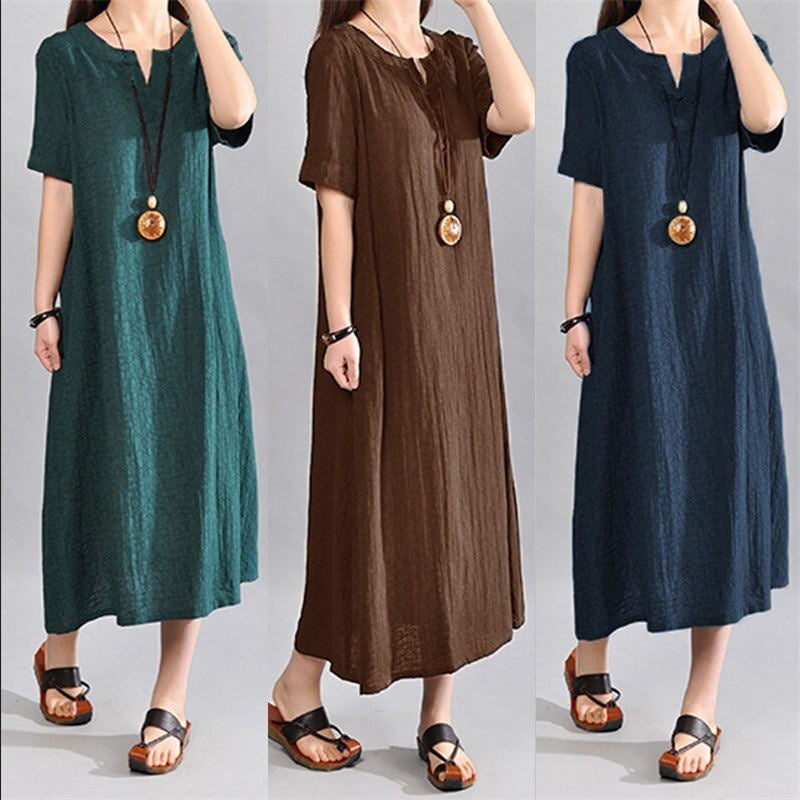 (S-5XL) Loose cotton linen dress in a solid colour