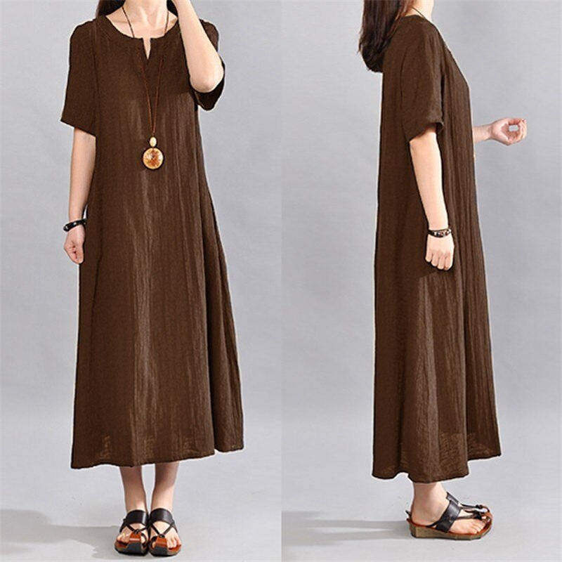 (S-5XL) Loose cotton linen dress in a solid colour