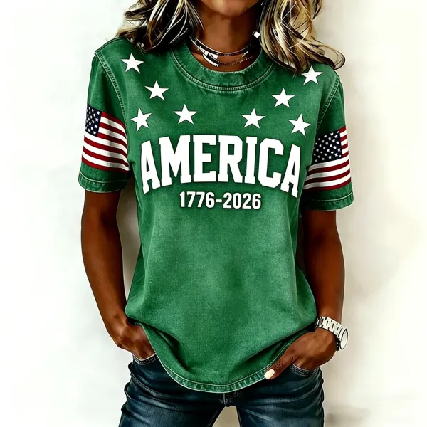 Women Vintage Washed America Star Flag Print Crew Neck Casual Patriotic T-Shirt