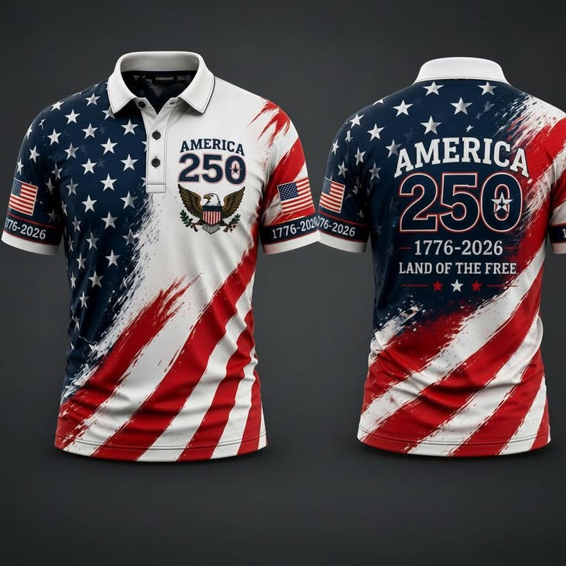 America 250 Polo Shirt, Patriotic Eagle Crest, USA Anniversary Tee,4th of July Polo, Red White Blue Golf Shirt, Independence Day Outfit