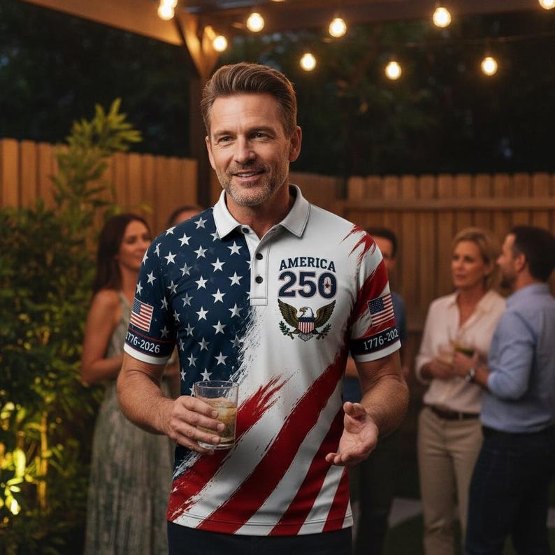America 250 Polo Shirt, Patriotic Eagle Crest, USA Anniversary Tee,4th of July Polo, Red White Blue Golf Shirt, Independence Day Outfit