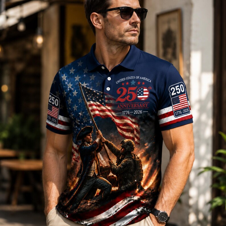 Veteran USA 250th Anniversary Polo Shirt for Men, 3D Print Patriot Soldier American Flag Polo, 1776-2026 4th of July 2026 Military Gift