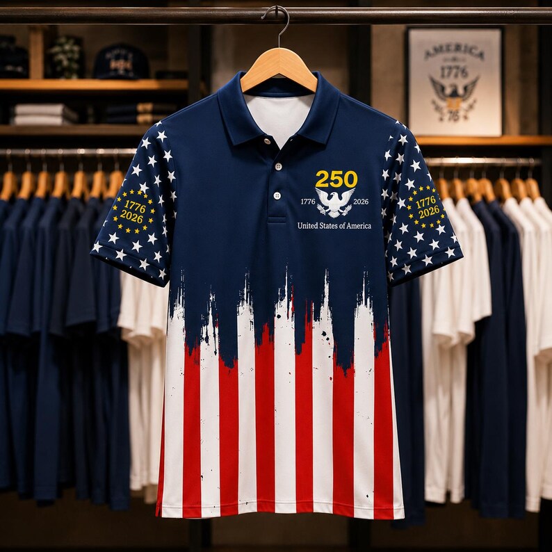 America 250 Polo Shirt for Men, Freedom 1776-2026 Patriotic Button Up, July 4th Polo Shirt, Vintage USA Anniversary Shirt