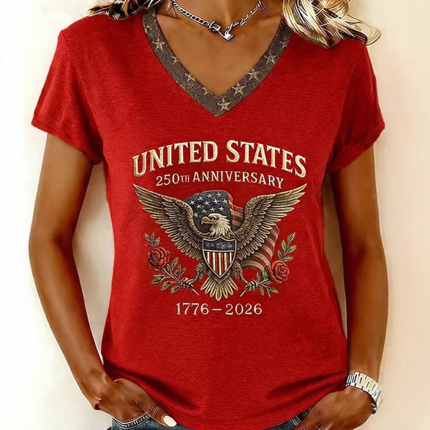 Patriotic Eagle Shield Graphic Womens T-Shirt – 1776-2026 United States 250th Anniversary Print, Short Sleeve Star V-Neck Top