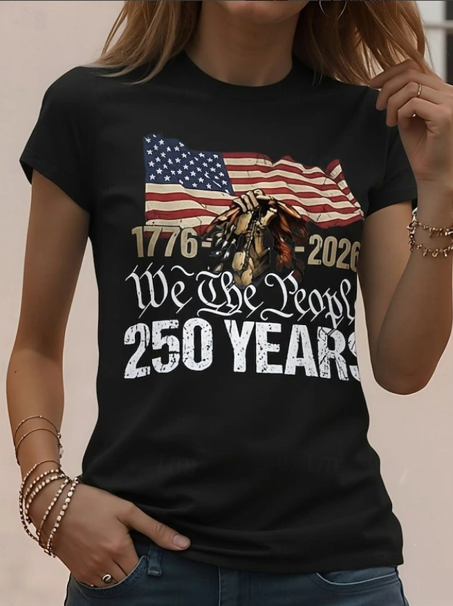 We The People 250th Anniversary Patriotic T-Shirt – Vintage American Flag & Skeleton Eagle Print, Red Short Sleeve Casual Top