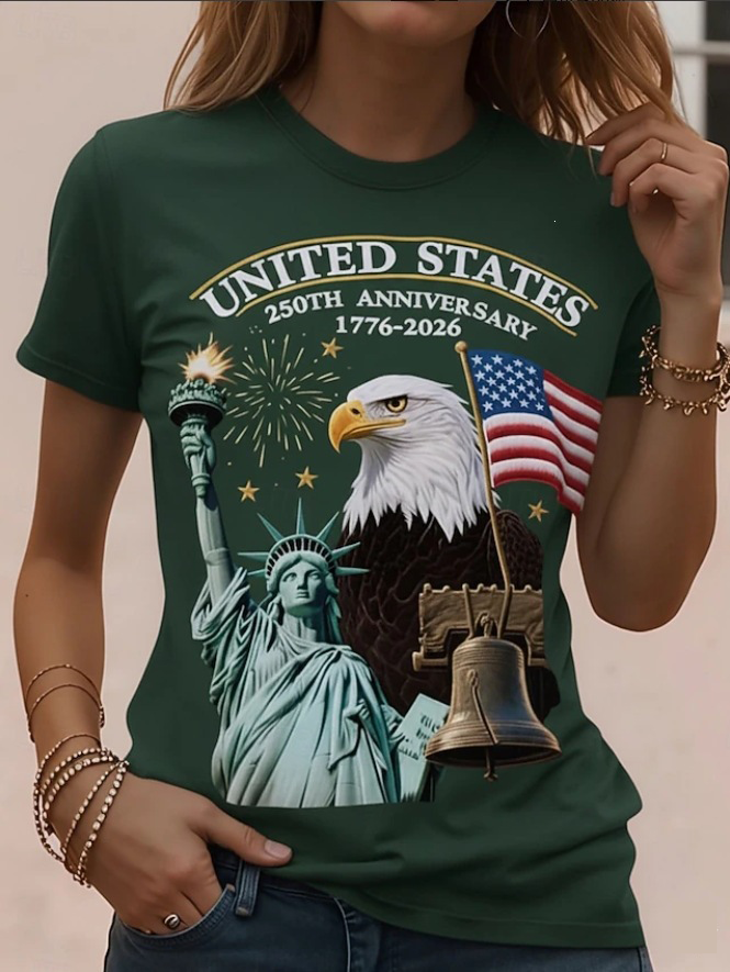 USA 250th Anniversary Graphic Tee – Statue of Liberty, Eagle & Liberty Bell Print, Patriotic Short Sleeve Casual Top