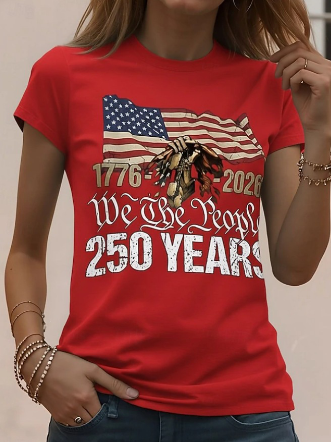 We The People 250th Anniversary Patriotic T-Shirt – Vintage American Flag & Skeleton Eagle Print, Red Short Sleeve Casual Top