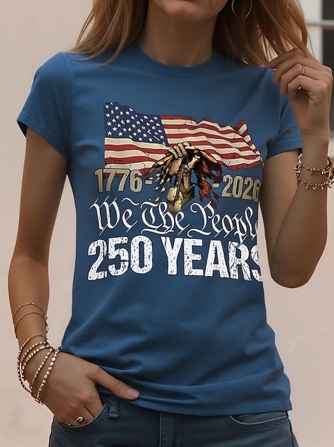 We The People 250th Anniversary Patriotic T-Shirt – Vintage American Flag & Skeleton Eagle Print, Red Short Sleeve Casual Top