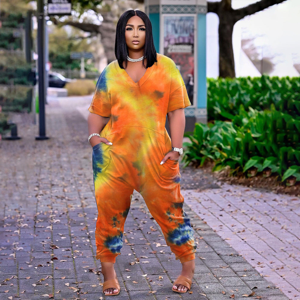 (S-5XL) Short-sleeved jumpsuit with tie dye print