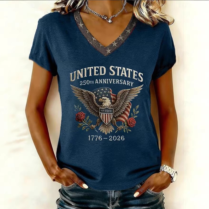 Patriotic Eagle Shield Graphic Womens T-Shirt – 1776-2026 United States 250th Anniversary Print, Short Sleeve Star V-Neck Top