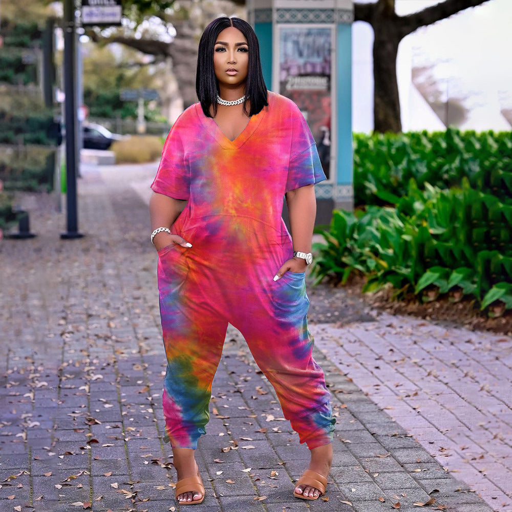 (S-5XL) Short-sleeved jumpsuit with tie dye print