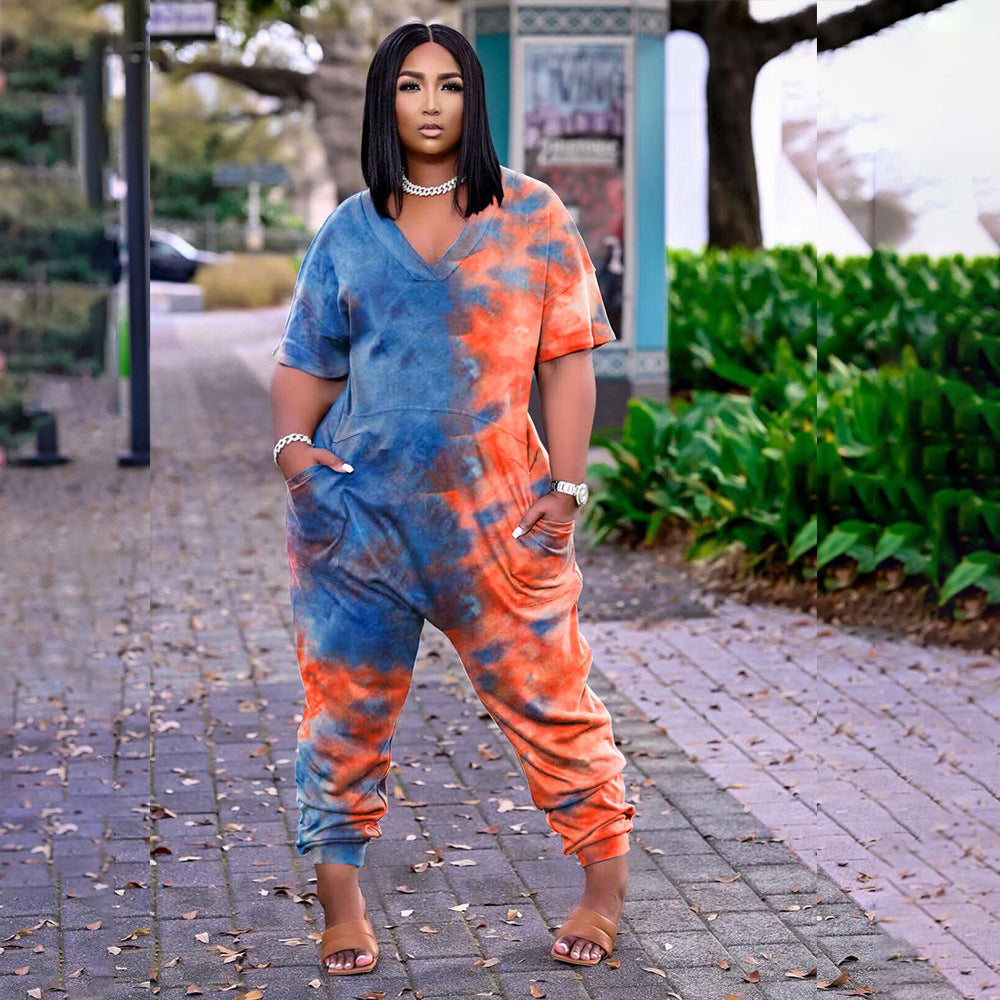 (S-5XL) Short-sleeved jumpsuit with tie dye print
