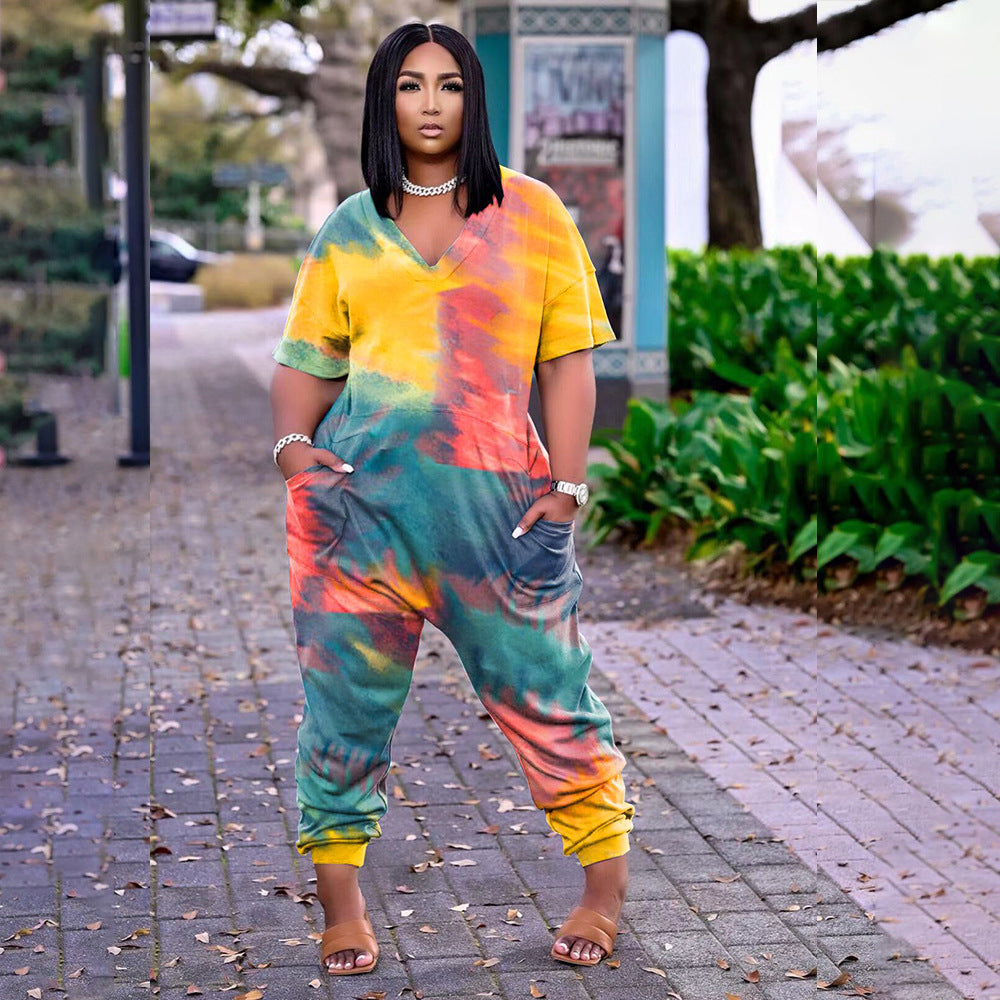 (S-5XL) Short-sleeved jumpsuit with tie dye print