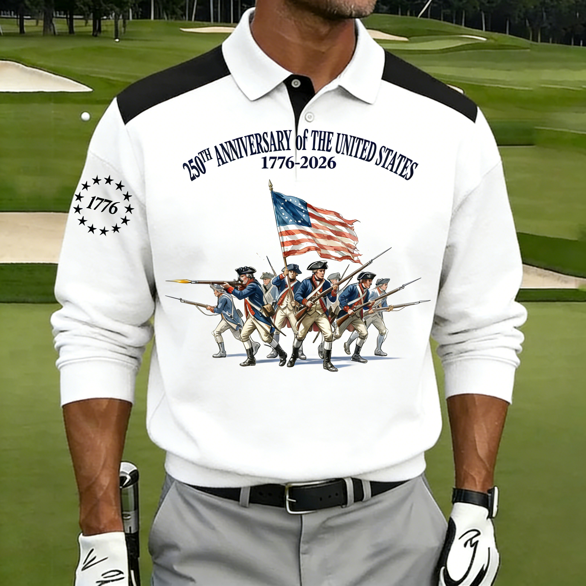 Men's 250th Anniversary US Revolutionary Soldier Polo Shirt | Patriotic Short Sleeve Golf Tee