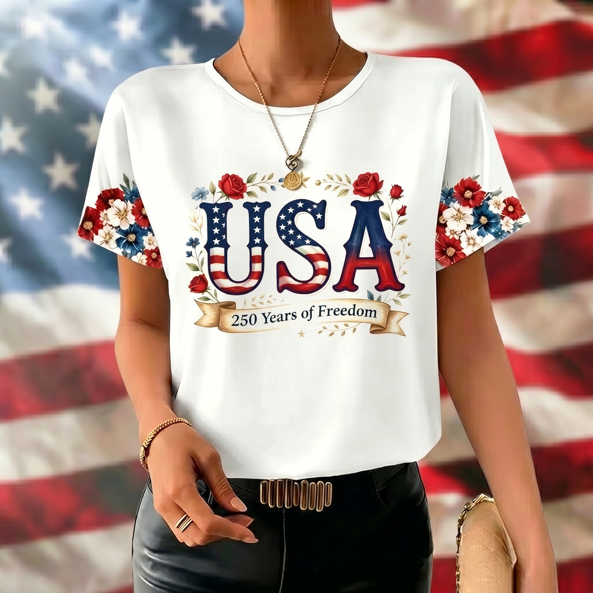 Women’s 250 Years of Freedom USA Floral Patriotic Short Sleeve Tee
