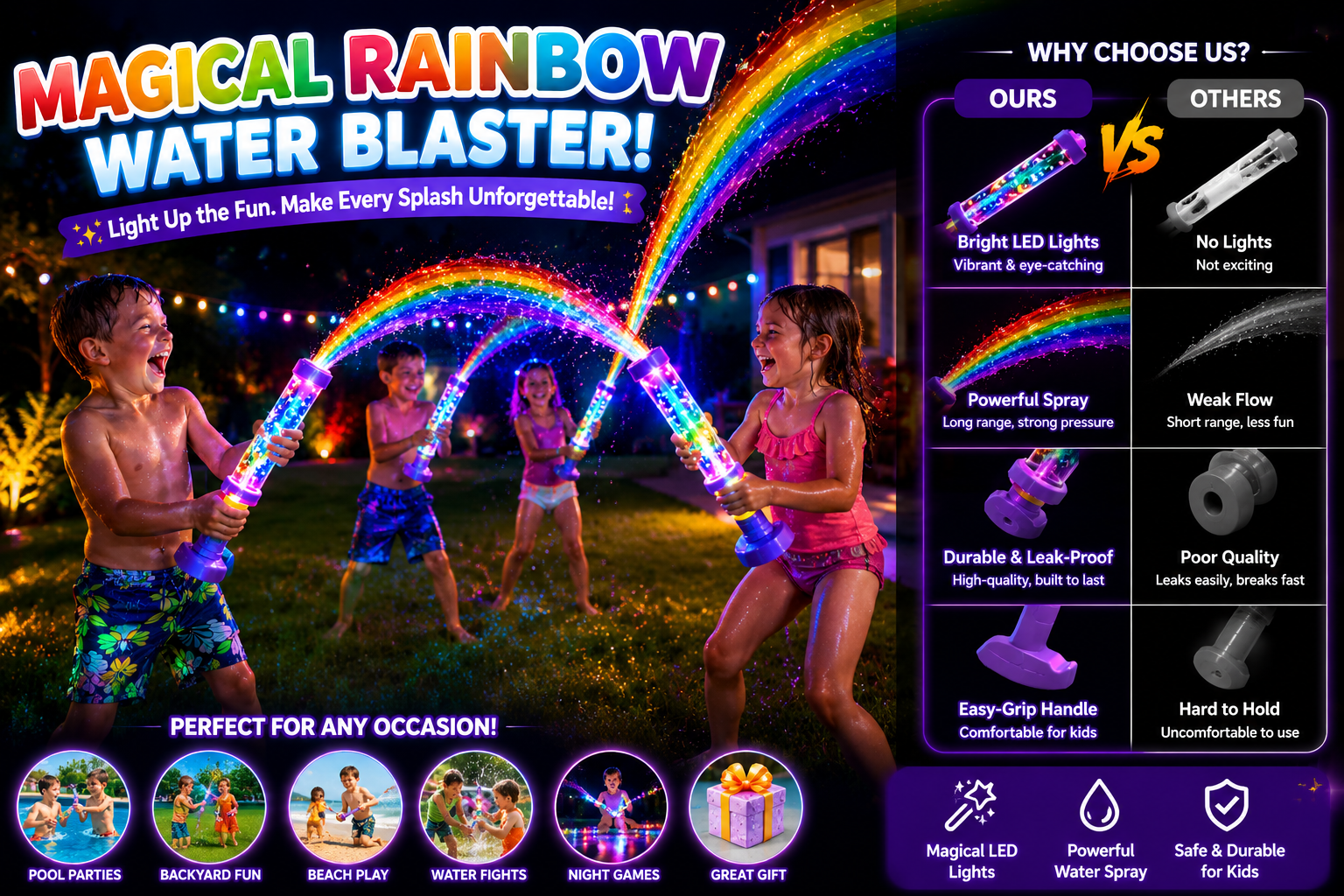 Glowing Rainbow LED Water Blaster - Light-Up Water Gun Toy for Kids & Adults