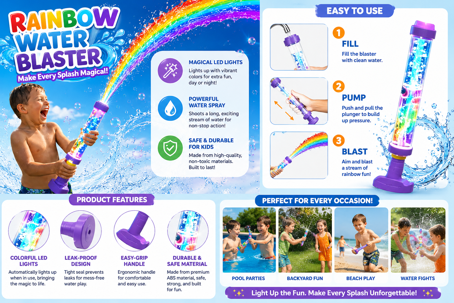 Glowing Rainbow LED Water Blaster - Light-Up Water Gun Toy for Kids & Adults