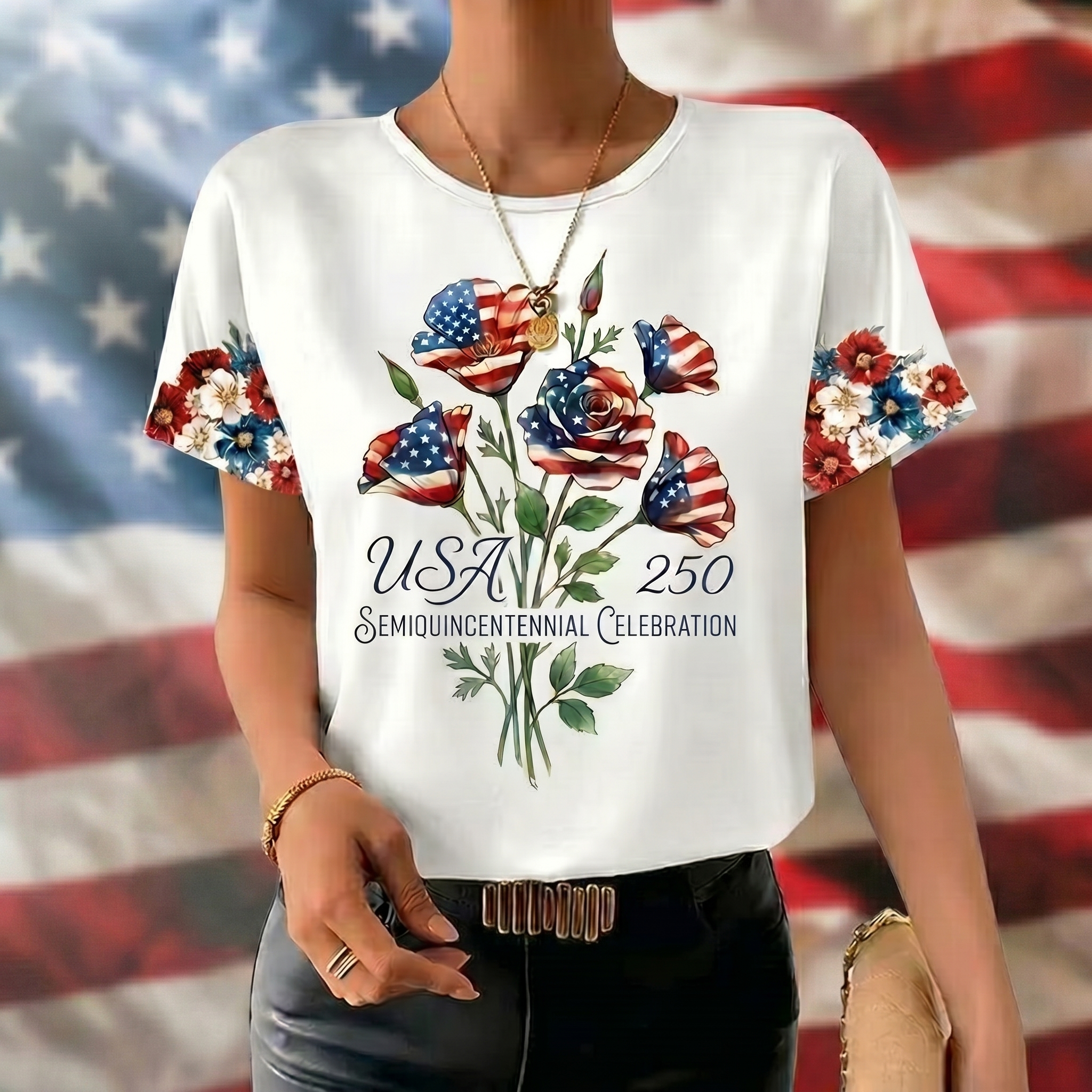 [Copy]250th Anniversary USA Flag Flower Print Crew Neck Summer T‑Shirt