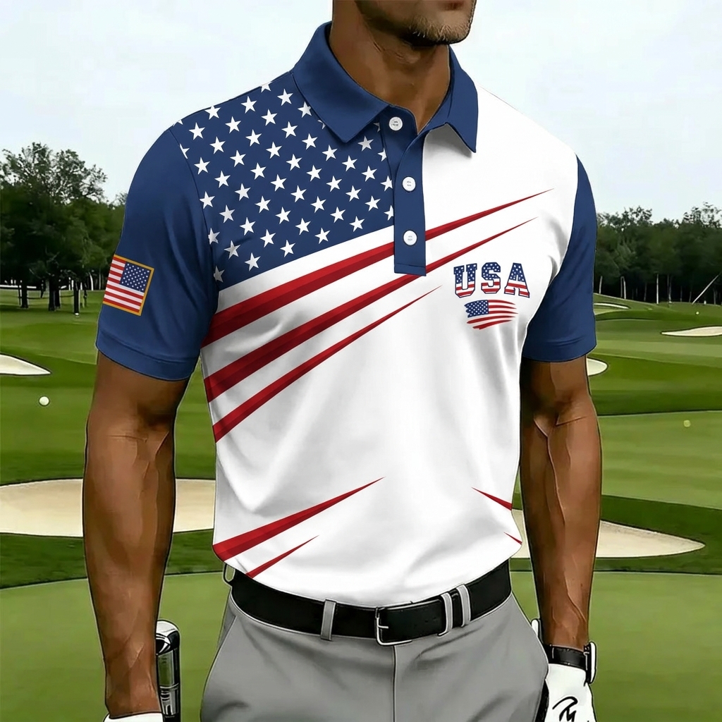 USA 250th Anniversary Golf Polo Shirt – Split Star & Stripe American Flag Print with Eagle Crest, Patriotic Quick Dry Short Sleeve Top