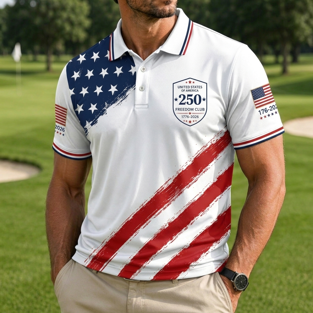 USA 250th Anniversary Golf Polo Shirt – Diagonal Flag, Fireworks & Eagle Print, Patriotic Quick Dry Short Sleeve Top