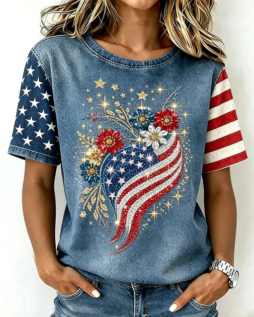Retro Washed American Flag Star Stripe Patchwork Short Sleeve Graphic T-Shirt