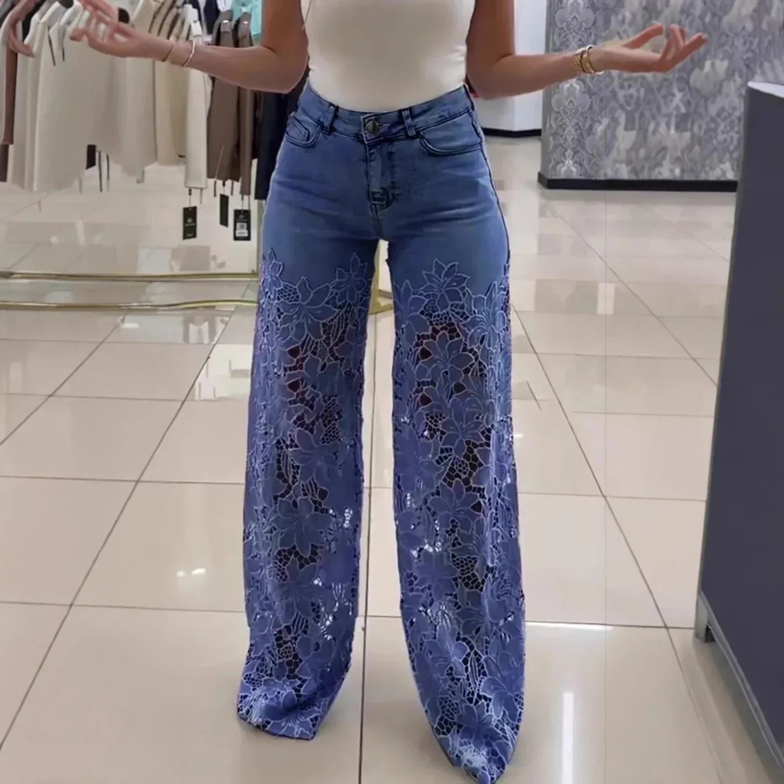 Bethania Jeans in Modern Denim with Handcrafted Floral Lace