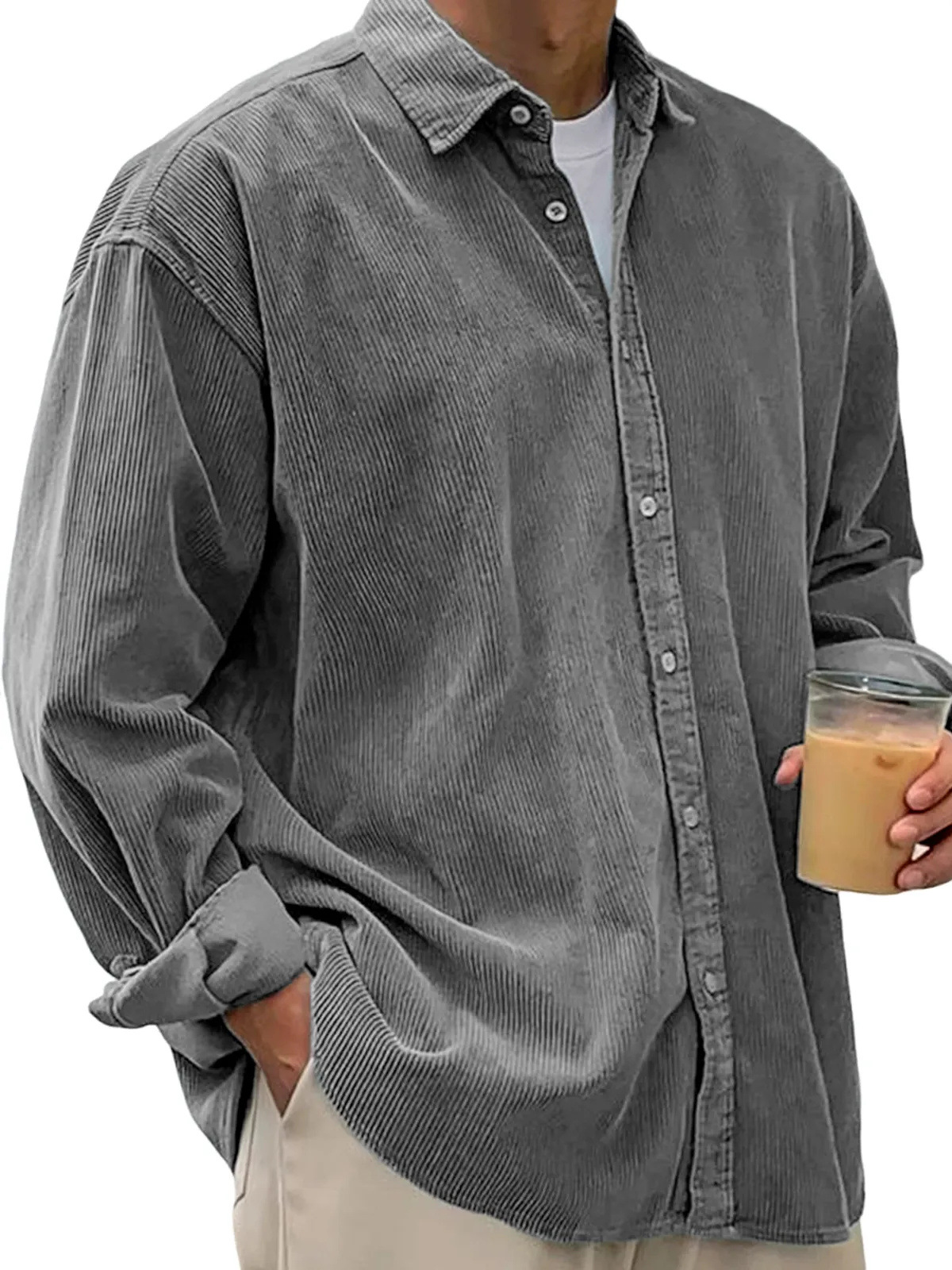Men’s Oversized Corduroy Button-Down Shirt – Soft Casual Long Sleeve Corduroy Top