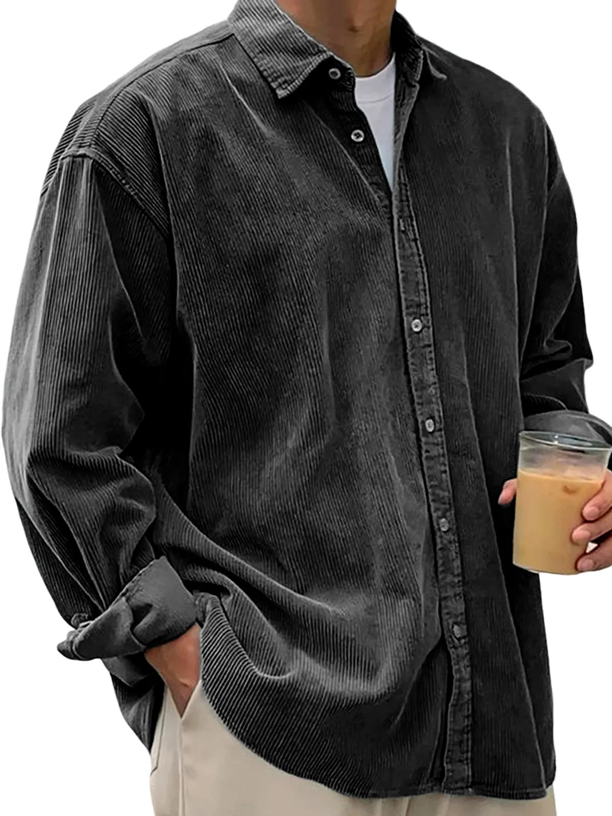 Men’s Oversized Corduroy Button-Down Shirt – Soft Casual Long Sleeve Corduroy Top