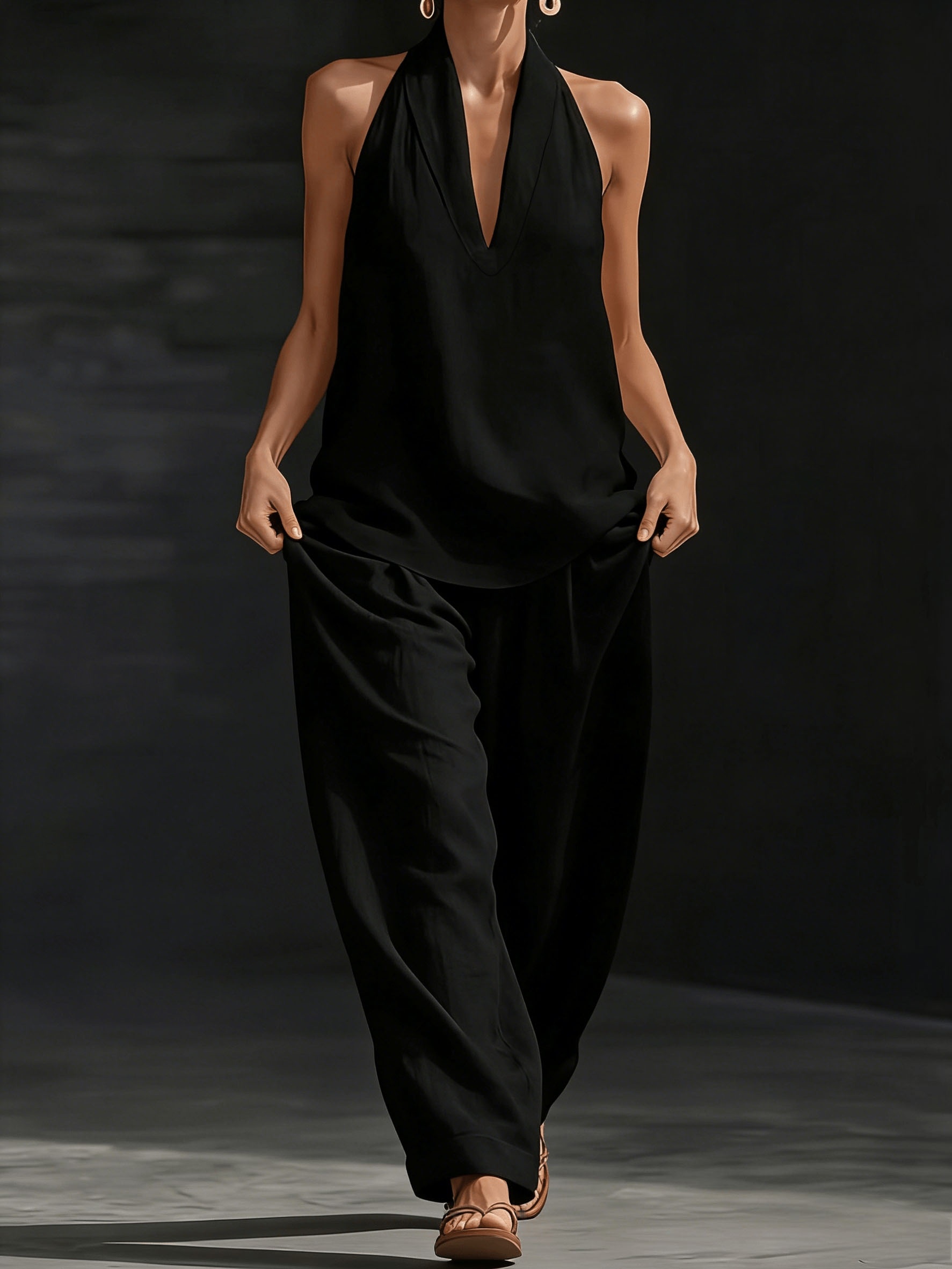 Women's Halter V-Neck Top & Wide Leg Pants Linen Two Piece Set