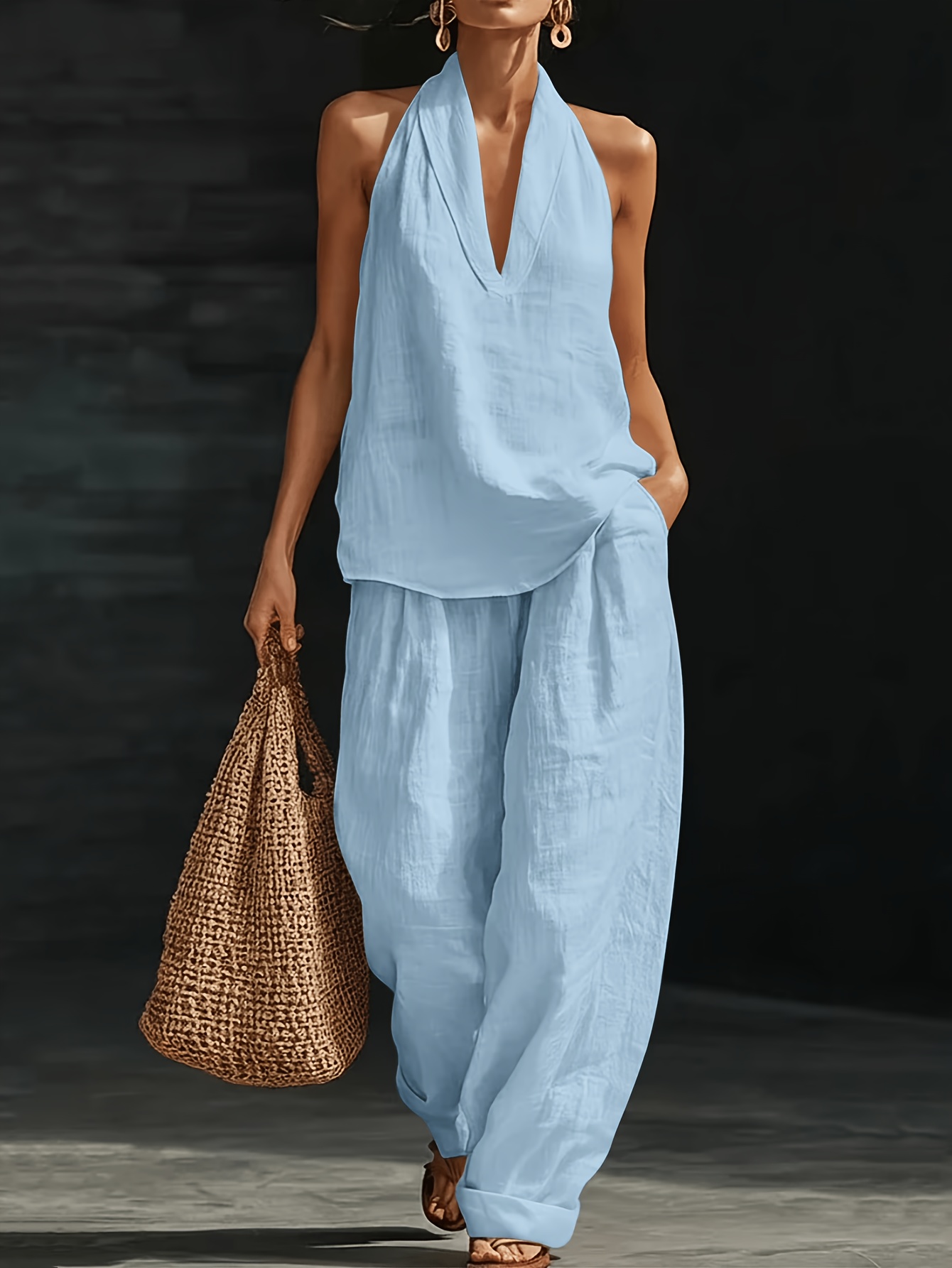 Women's Halter V-Neck Top & Wide Leg Pants Linen Two Piece Set