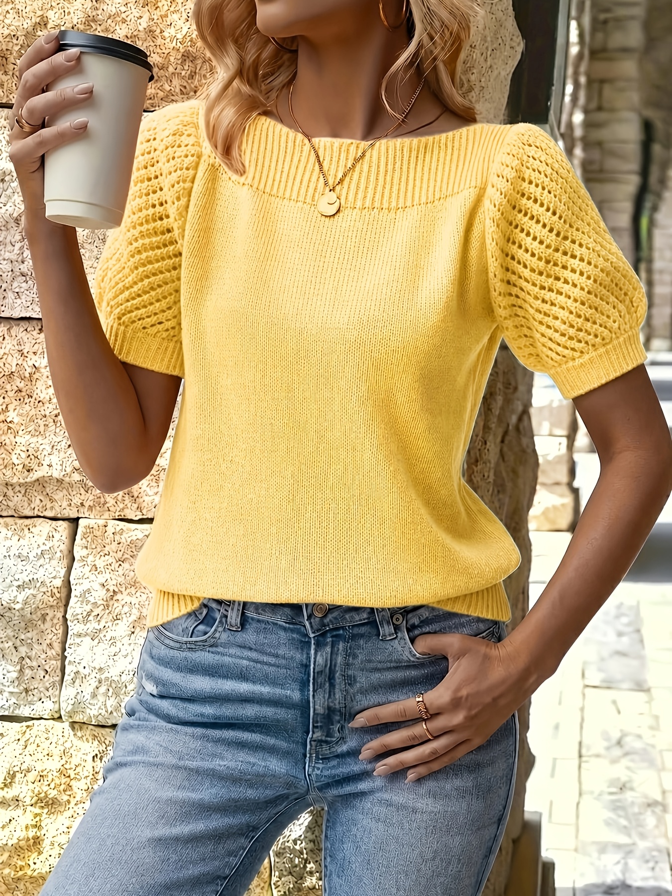 Women’s off-the-shoulder short-sleeve knit top with puff sleeves; casual boat-neck openwork sweatshirt