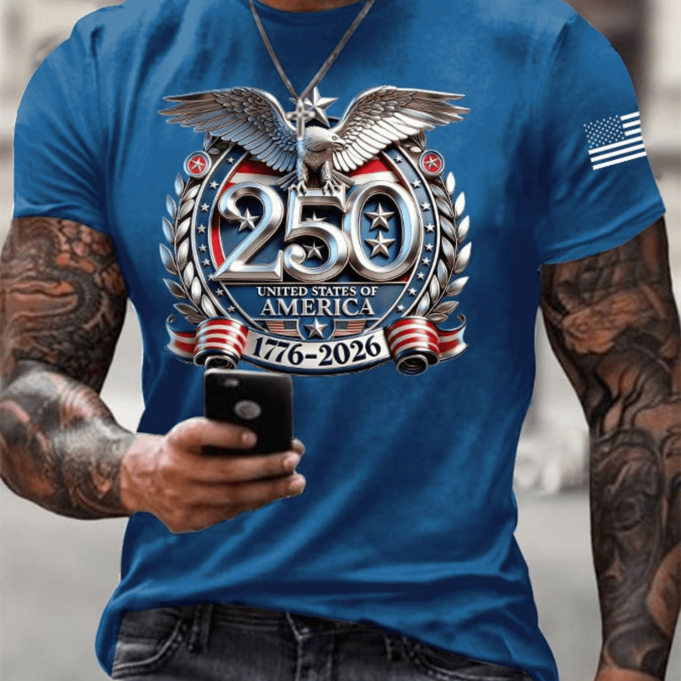 Men's USA 250th Anniversary Patriotic T-Shirt | Embroidered Bald Eagle American Flag Short Sleeve Tee