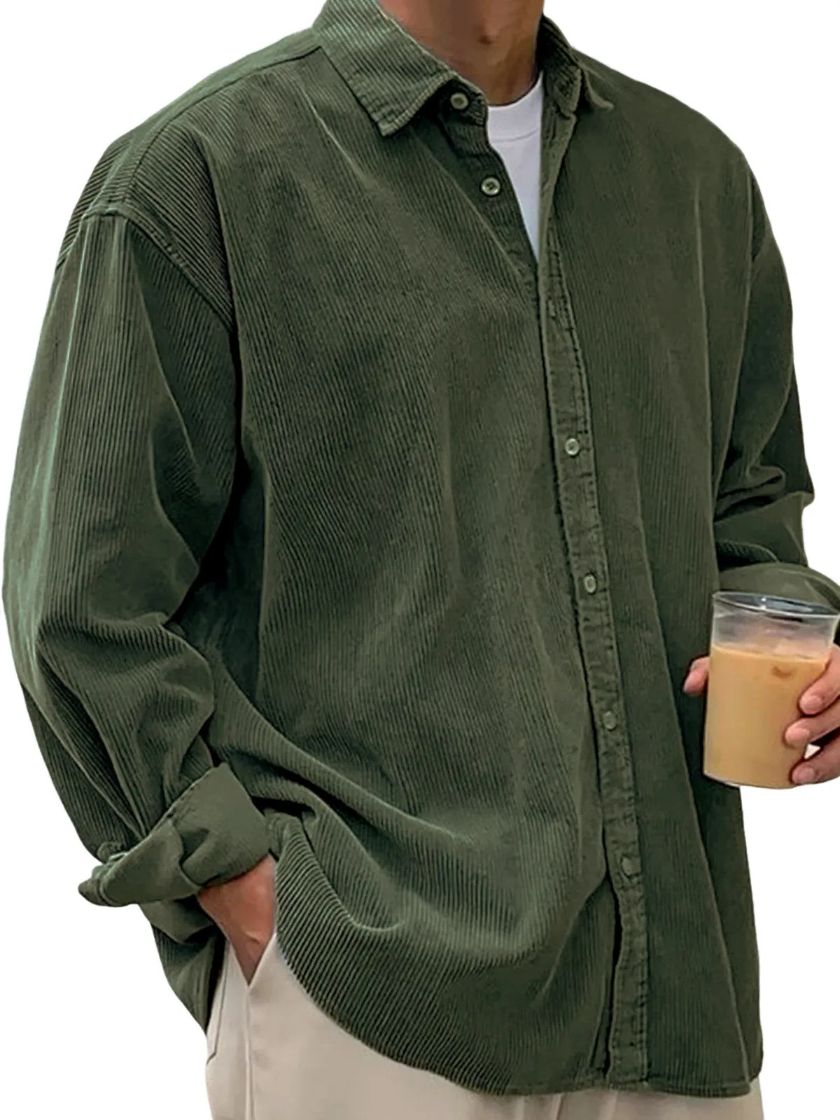 Men’s Oversized Corduroy Button-Down Shirt – Soft Casual Long Sleeve Corduroy Top