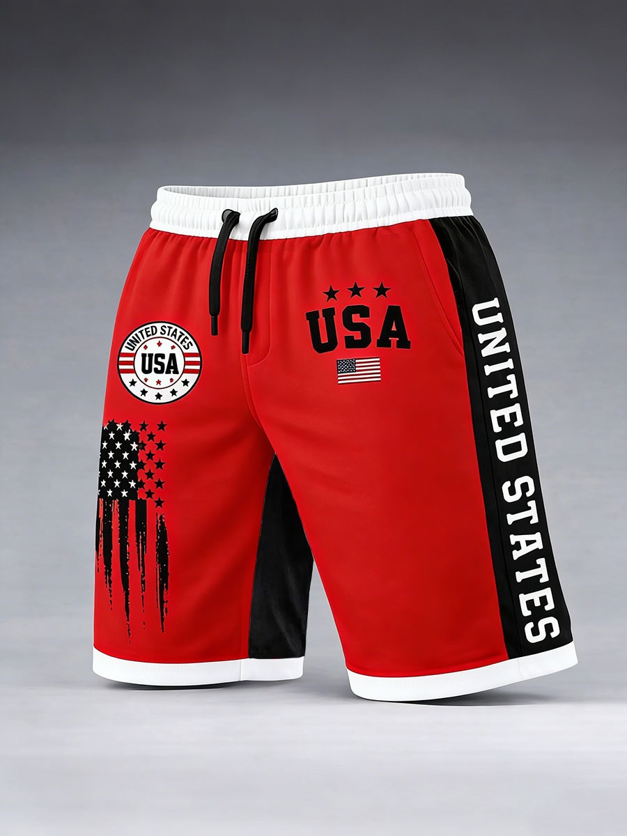 Men’s USA Patriotic American Flag Drawstring Casual Summer Beach Shorts