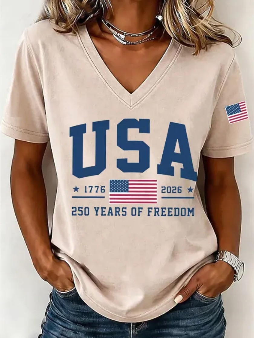USA 250 Years of Freedom V-Neck T-Shirt – Vintage Washed Denim Blue with American Flag Print, Casual Patriotic Short Sleeve Top