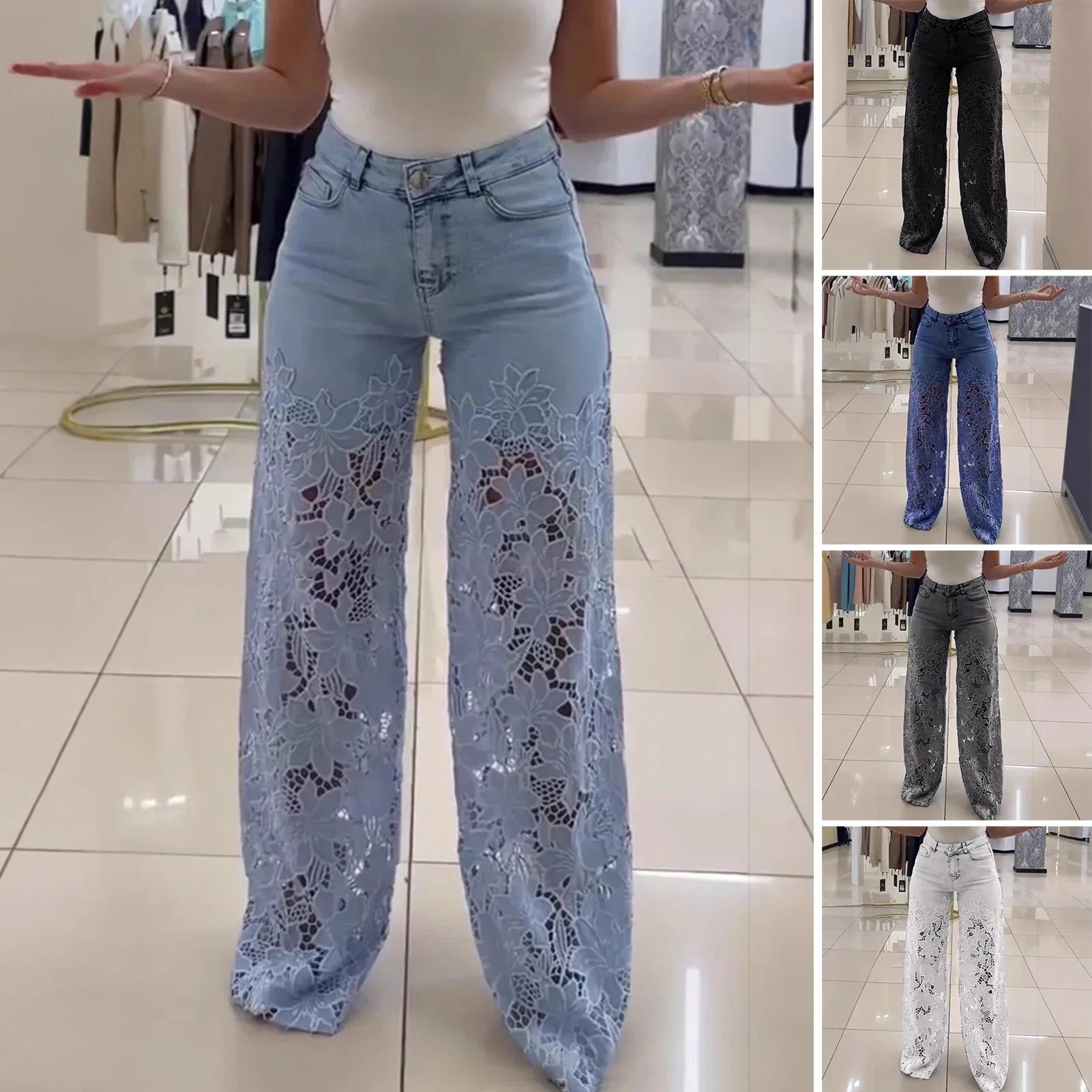 Bethania Jeans in Modern Denim with Handcrafted Floral Lace