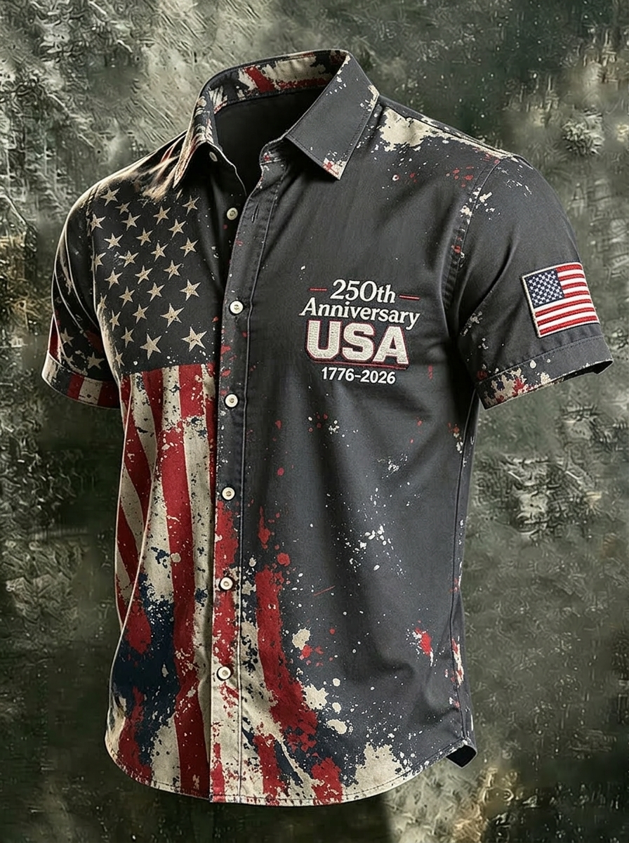 Men's 250th Anniversary National Flag Print Casual Short Sleeve T-Shirt for Summer