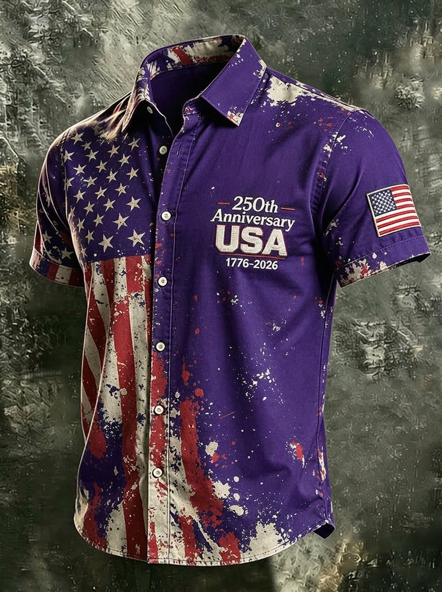 Men's 250th Anniversary National Flag Print Casual Short Sleeve T-Shirt for Summer