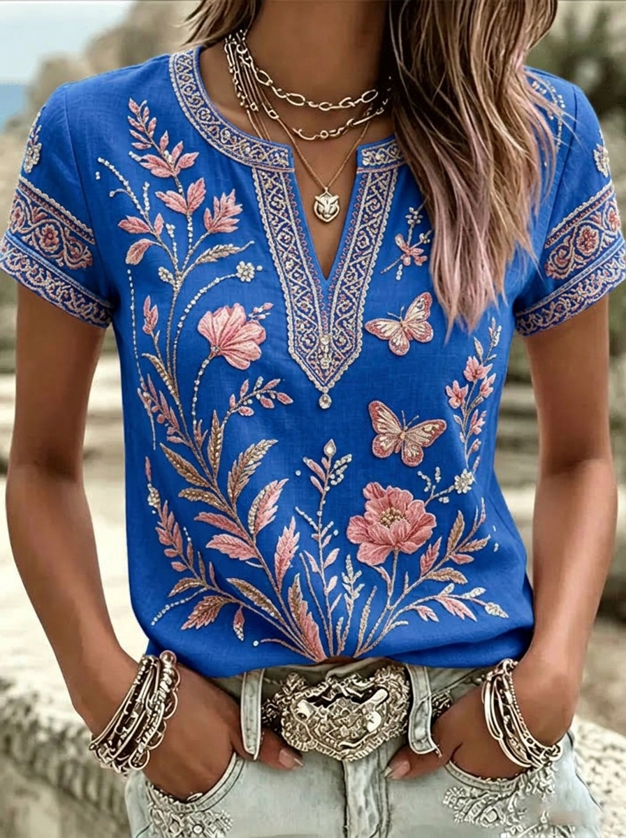Women's casual cotton and linen short sleeved shirt