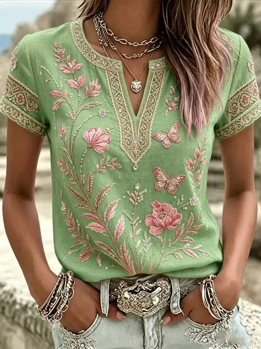 Women's casual cotton and linen short sleeved shirt